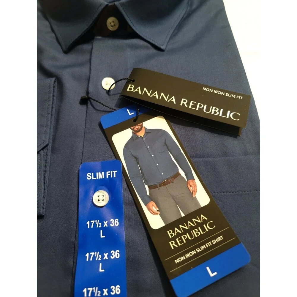 Banana Republic Men's L Slim Fit Non-Iron Cotton Button Dress Shirt Blue 17.5x36